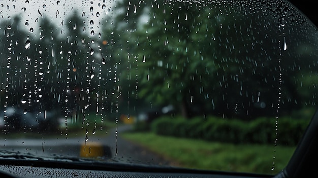 Raindrops sliding down car window closeup detail wet vehicle surface water droplets rainy day