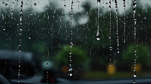 Raindrops sliding down car window closeup detail wet vehicle surface water droplets rainy day