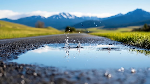 Raindrops splashing in a puddle on a rural road with mountains reflected in the water