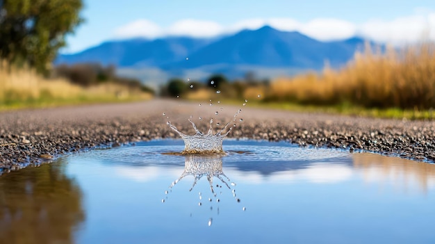 Raindrops splashing in a puddle on a rural road with mountains reflected in the water