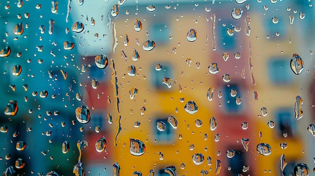 Photo a raindrops of water on a window with a building in the background