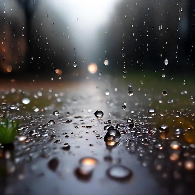 a raindrops on a wet road and a tree in the background