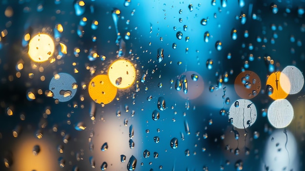 Raindrops on a window pane with a blurred view of the city lights in the background