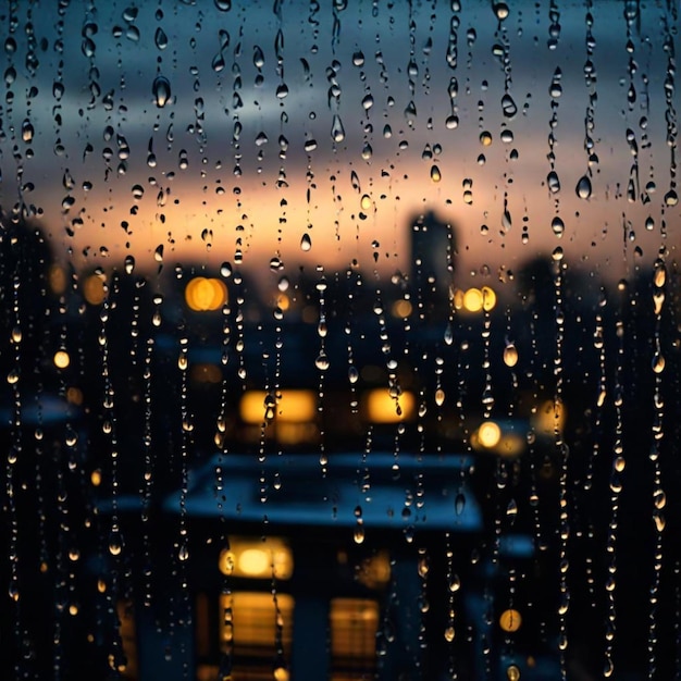 raindrops on a window pane with a city in the background