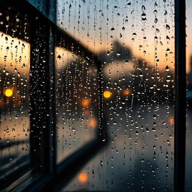 raindrops on a window pane with a sunset in the background