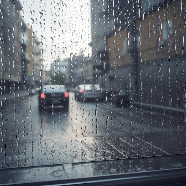 Raindrops on the window and through it you can see the city street with cars out of focus