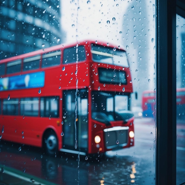 Photo raindrops on window with blurred red london bus background