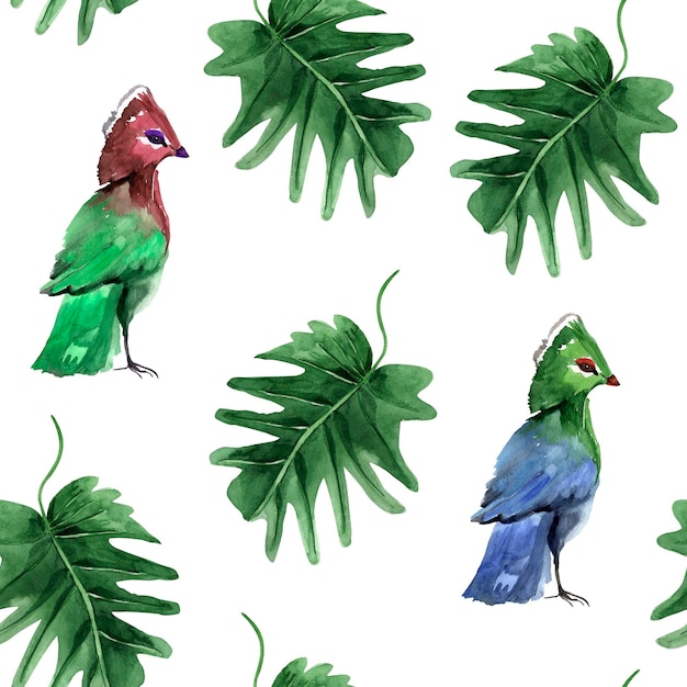 Rainforest bird among leaves watercolor seamless pattern