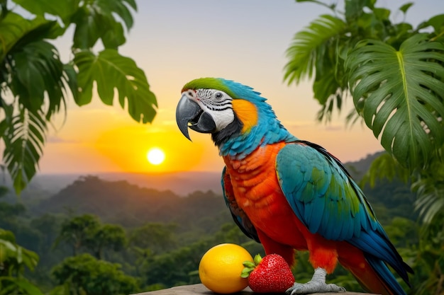 Rainforest Magic Parrot Feasting on Fruits in the Warm Sunset Glow AI Generated