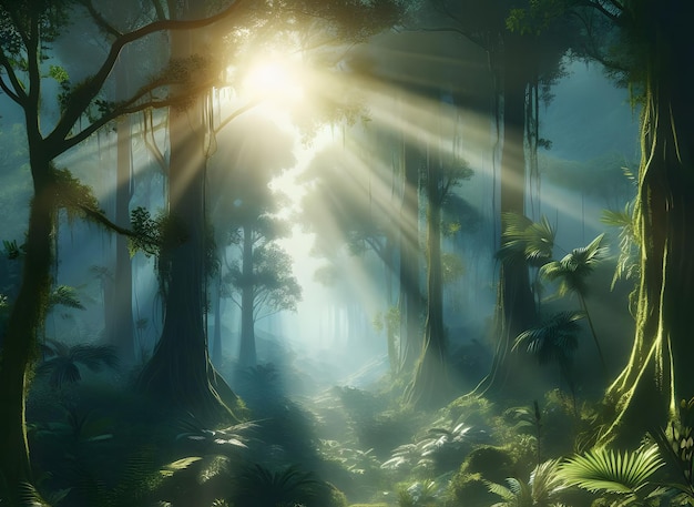 rainforest sun rays through the trees rich jungle greenery Atmospheric fantasy forest Generated