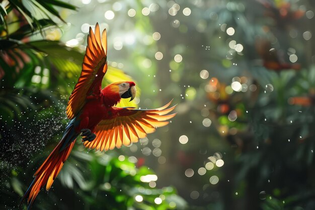 Photo rainforest with colorful parrots in flight dynamic and lively ecosystem