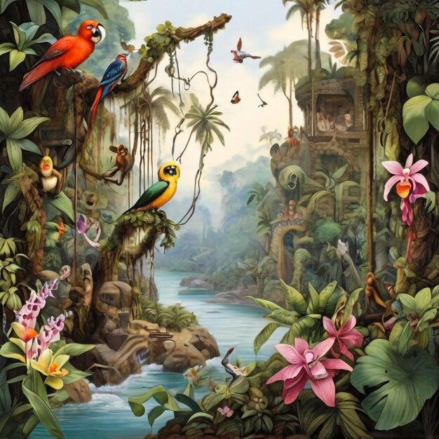 A rainforest with vines orchids exotic birds monkeys and a river