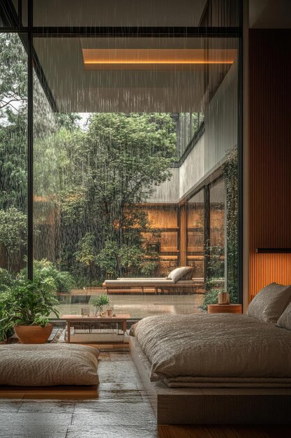 Raining Day in Modern Bedroom with Garden View Illustration