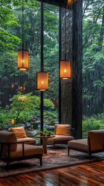 Raining Day in a Modern Lounge with Three Hanging Lamps and Large Window