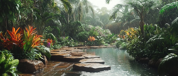 RainSoaked Australian Backyard with Tropical Plants