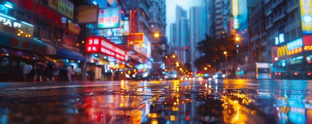 Rainsoaked city streets at night with neon lights