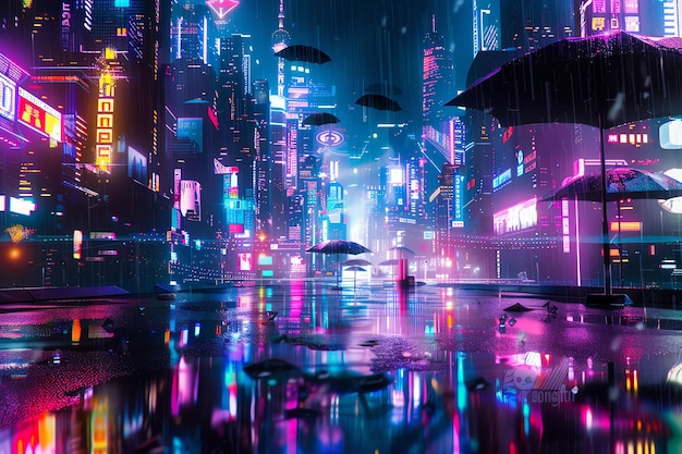 Photo rainsoaked cyberpunk cityscape with glowing neon lights reflecting on wet streets and shadowy figures in the distance