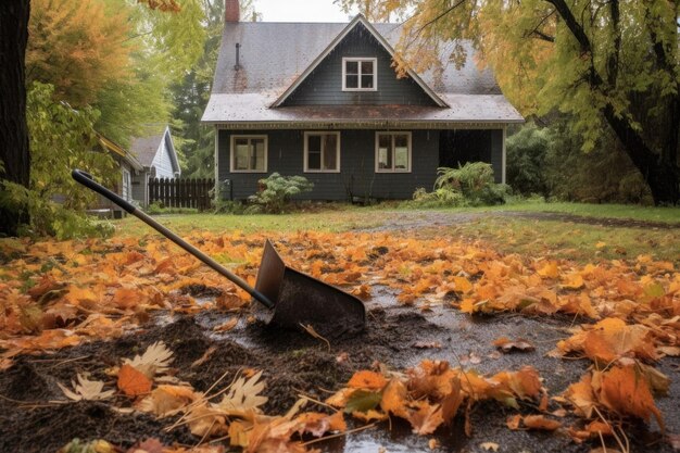 Rainsoaked leaves and rake on a yard created with generative ai