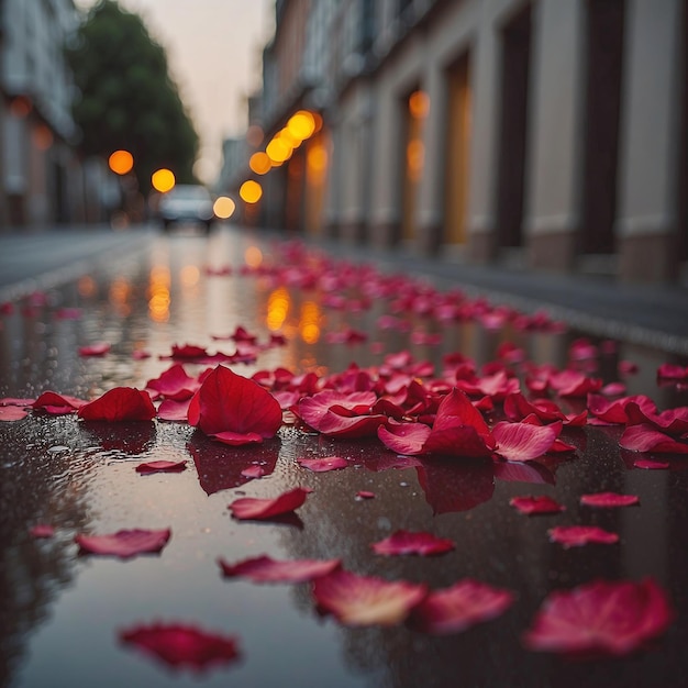 A rainsoaked street adorned with scattered rose petals creating a picturesque scene of nature