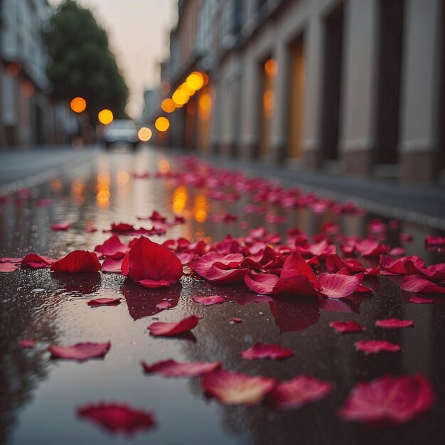 Photo a rainsoaked street adorned with scattered rose petals creating a picturesque scene of nature