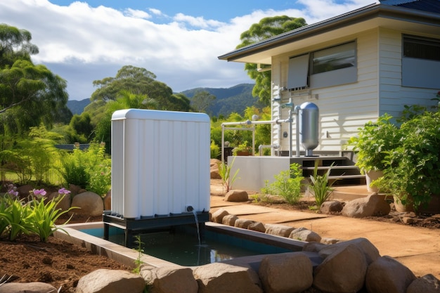 A rainwater harvesting system with a water tank and filtration unit