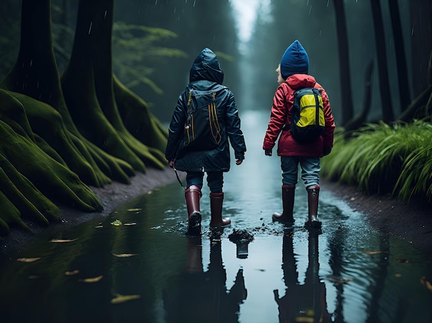 Rainy adventures kids with their rubber boots ai generative