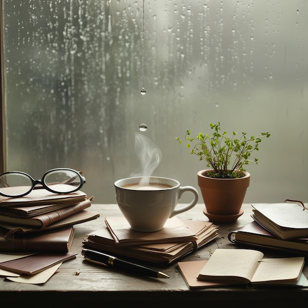 Rainy atmosphere with a drop of water on the glass On the table there is a white cup of coffee diaries glasses small green leaves in pot notebooks