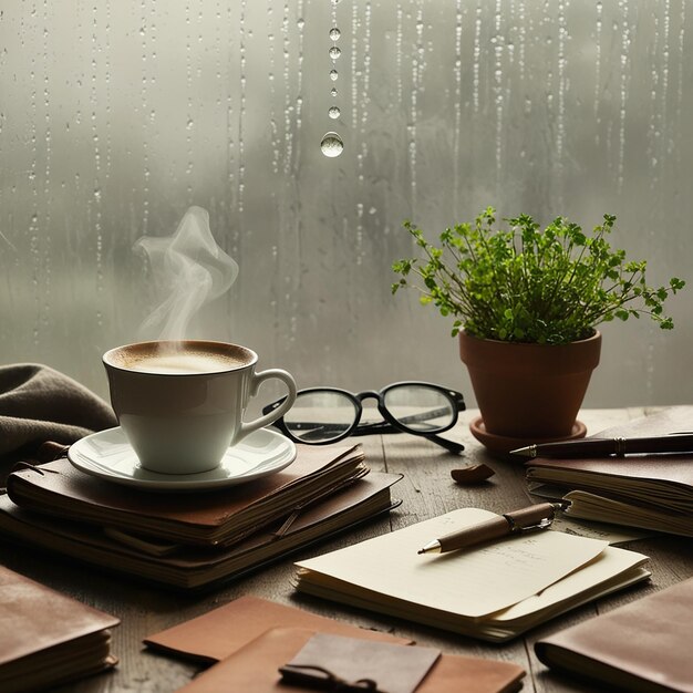 Photo rainy atmosphere with a drop of water on the glass on the table there is a white cup of coffee diaries glasses small green leaves in pot notebooks