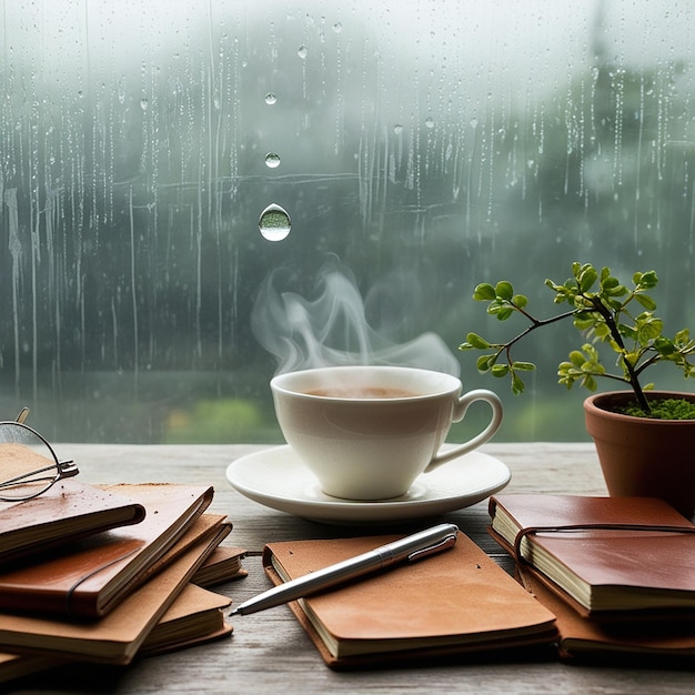 Rainy atmosphere with a drop of water on the glass On the table there is a white cup of coffee diaries glasses small green leaves in pot notebooks