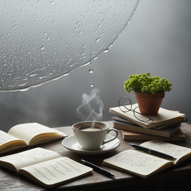 Rainy atmosphere with a drop of water on the glass On the table there is a white cup of coffee diaries glasses small green leaves in pot notebooks