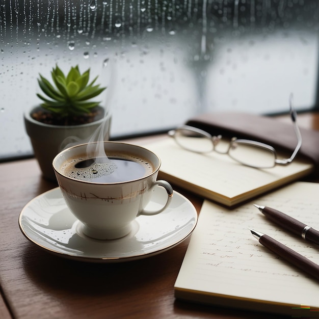 Rainy atmosphere with a drop of water on the glass On the table there is a white cup of coffee diaries glasses small green leaves in pot notebooks