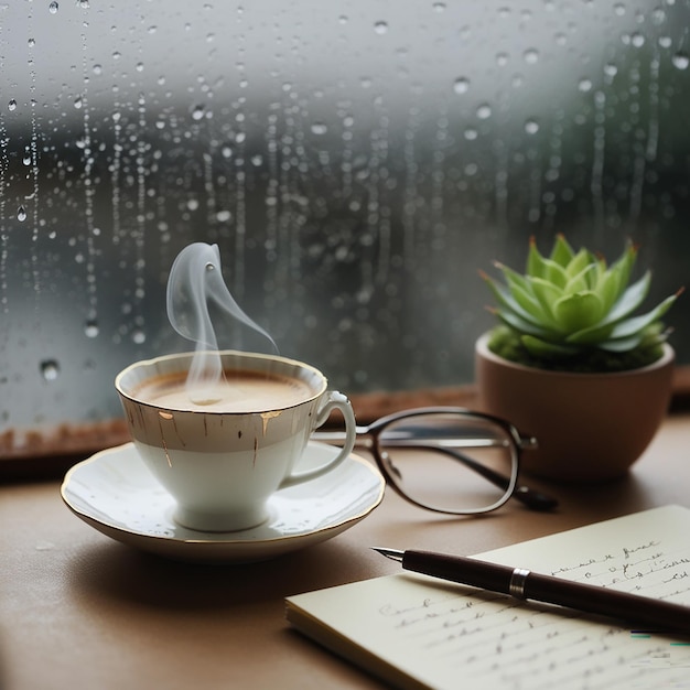 Photo rainy atmosphere with a drop of water on the glass on the table there is a white cup of coffee diaries glasses small green leaves in pot notebooks