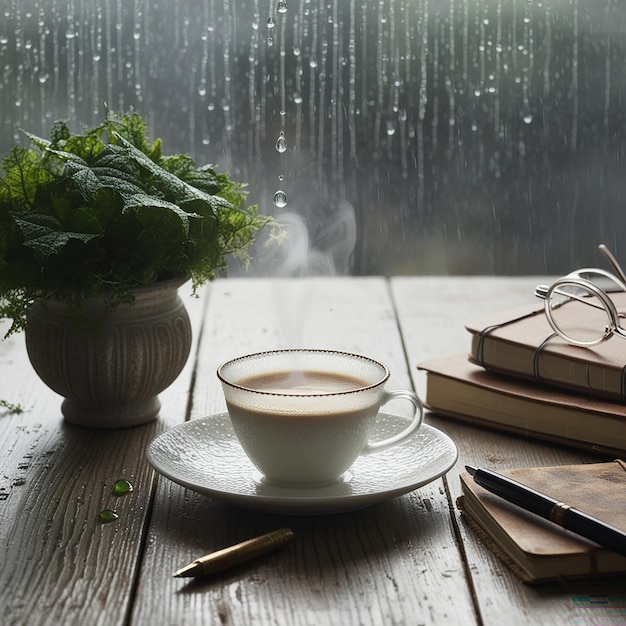 Photo rainy atmosphere with a drop of water on the glass on the table there is a white cup of coffee diaries glasses small green leaves in pot notebooks