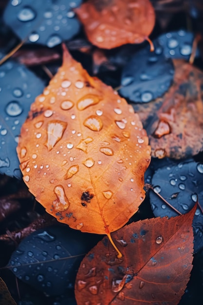 Rainy autumn day nature aesthetic background with closeup bright leaves Beautiful fall season