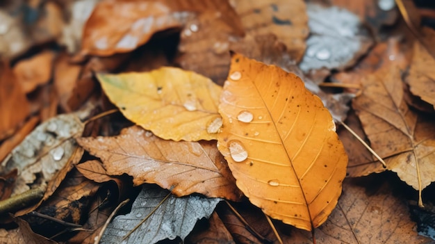 Rainy autumn day nature aesthetic background with closeup bright leaves Beautiful fall season