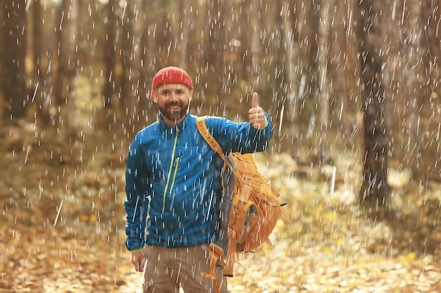 rainy autumn forest, landscape, a man on a hike in the October wet forest, bad cold weather