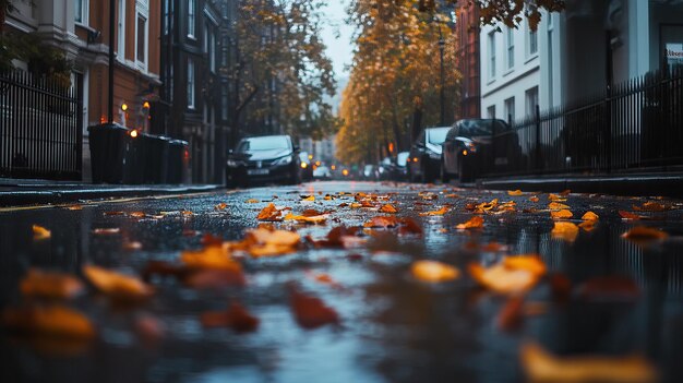 Photo rainy autumn street in a city with fallen leaves reflecting on the wet pavement ai generated image