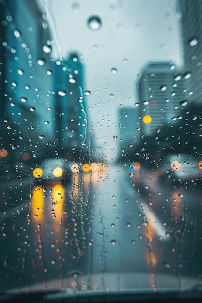 rainy city street view with blurred traffic lights and raindrops on the windshield