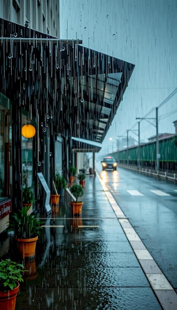 Photo rainy city street wet pavement buildings traffic lights