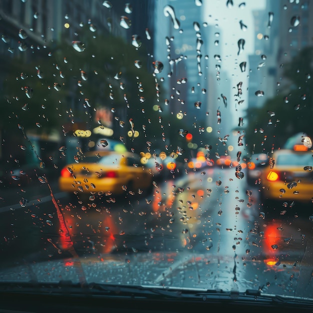 rainy city street with cars and taxis