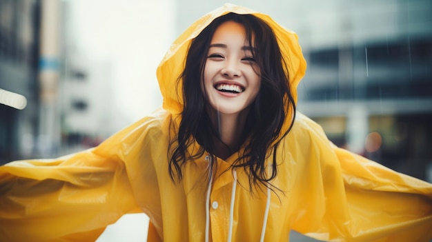 Rainy day Asian woman wearing a raincoat outdoors happy and funny