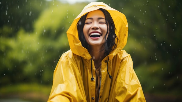 Rainy day Asian woman wearing a raincoat outdoors happy and funny