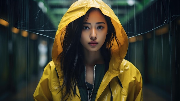 Rainy day asian woman wearing a raincoat outdoors