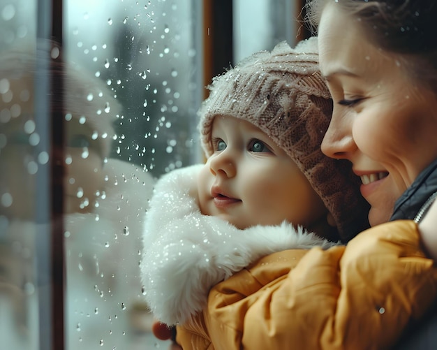 Rainy day baby watching droplets on the window