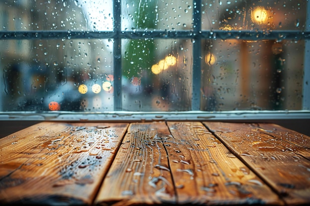 Rainy day background with wooden table top and raindrops on window