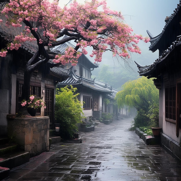 a rainy day in a Chinese garden with a lantern and a tree in the background