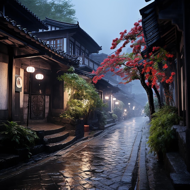 a rainy day in a Chinese garden with a lantern and a tree in the background