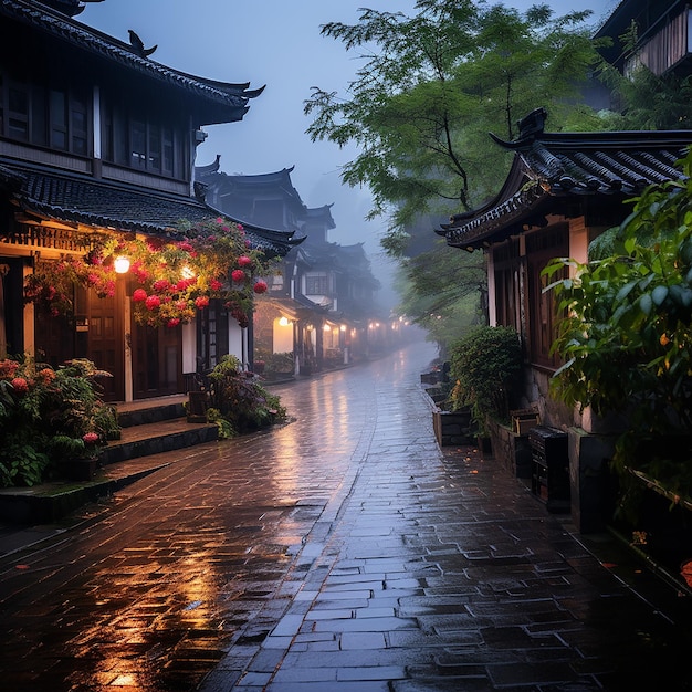 a rainy day in a Chinese garden with a lantern and a tree in the background