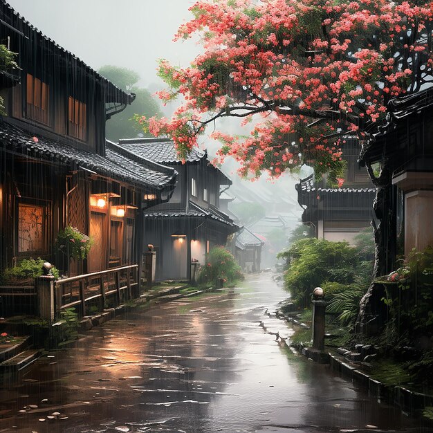 a rainy day in a Chinese garden with a lantern and a tree in the background