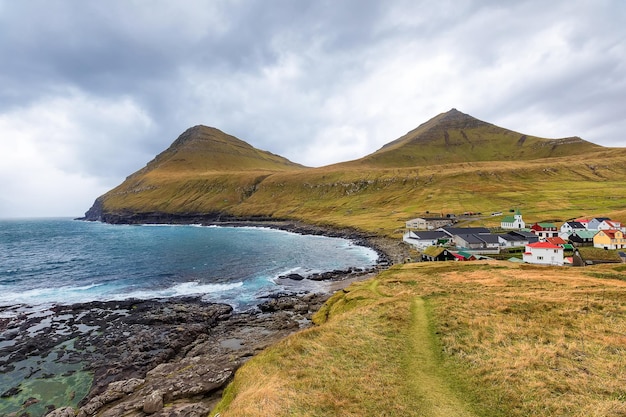 Rainy day in Gjogv village island of Eysturoy in the Faroe Islands